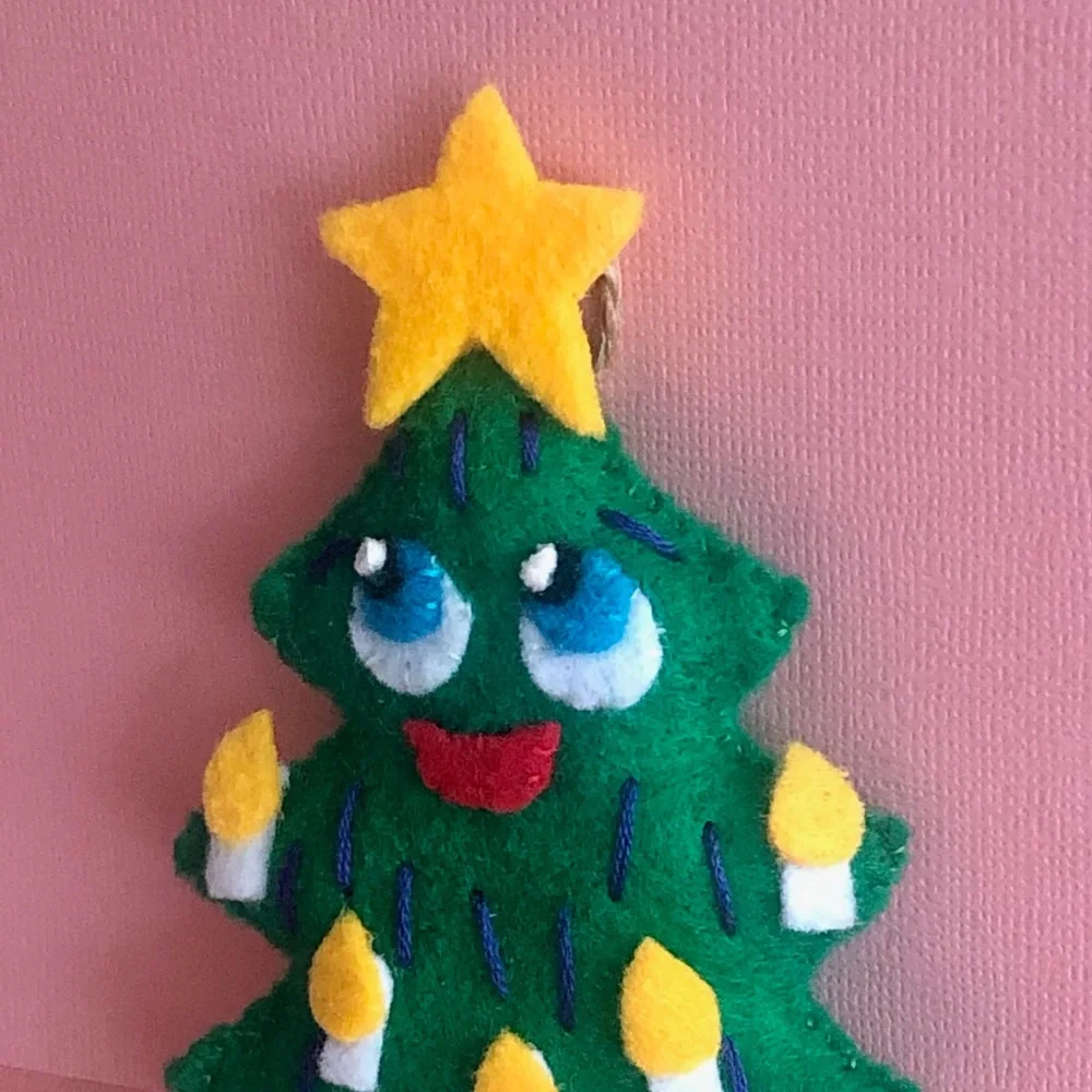 Christmas Tree Ornament Hand-Sewn Felt Anthropomorphic Green whimsy